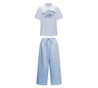 Ensemble 2 pièces grande taille pour femmes, t-shirt à manches courtes imprimé et pantalon large à carreaux. Imprimé thème croissant français léger, Top doux et confortable. Convient pour le carnaval,