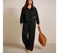 Ensemble 2 pièces grande taille, Sweat-shirt ample à demi-zip avec manches longues et épaules tombantes, et pantalon de couleur unie 0XL,1XL,2XL,3XL,4XLUnicoloreTissu tricoté
