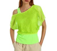 Ensemble 2 pièces haut en maille fluo des années 80 pour femme, haut en résille transparente à épaules dénudées et gilet - Tenue gothique rétro Y2K pour festival rave, club discothèque et fête à thème