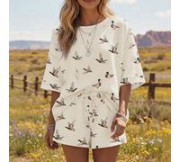 Ensemble 2 pièces imprimé canard vert style chasse occidentale, t-shirt décontracté ample à manches courtes & short à taille élastique pour femmes, tenue de détente d'extérieur champêtre d'été L,M,S,X
