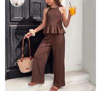 Ensemble 2 pièces marron pour fille - Haut à volants - Pantalon fluide - Texture rayée verticale - Élasticité - Vacances décontractées - 8-12 ans
