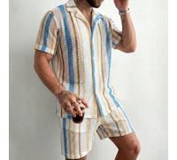 Ensemble 2 pièces mode homme GloMan, chemise tricotée à manches courtes rayée transparente, short, respirant pour l'été, vacances, quotidien, cadeau pour père/mari. L,M,S,XLRayéÉtoffe