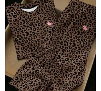 Ensemble 2 pièces mode vintage imprimé léopard motif mini chevalier, t-shirt col ras-du-cou manches courtes et pantalon évasé décontracté minimaliste confortable pour adolescente, convient pour printe