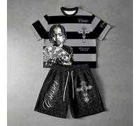 Ensemble 2 pièces noir & gris pour hommes, T-shirt à manches courtes avec imprimé croix gothique & portrait + short à cordon de serrage, style rétro américain Y2K, tenue décontractée pour festival de 