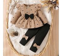 Ensemble 2 pièces nouveau-né automne/printemps,Topt en tricot à manches bouffantes avec imprimé cœurs marron doux et nœud noir, assorti à un pantalon skinny noir avec nœud noir. Convient pour les sort