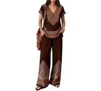 Ensemble 2 Pièces Pantalon Femme Boho Ethnique Imprimé Col V T-Shirts Manches Courtes Haut et Pantalons à Jambes Larges Tenue Décontractée Ensemble de Lounge