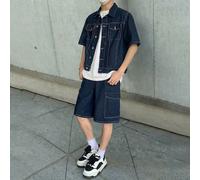 Ensemble 2 pièces pour adolescent garçon, style streetwear mode homecoming, design polyvalent mix and match Y2K vintage cool street, chemise à manches courtes bleu foncé avec surpiqûres contrastées et