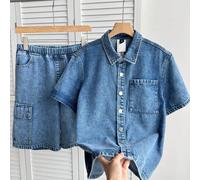 Ensemble 2 pièces pour adolescent garçon, style streetwear Y2K vintage cool, bleu denim, design polyvalent mix and match, chemise et short en denim ample et confortable style workwear, pour rentrée, r