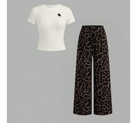 Ensemble 2 pièces pour adolescente, style décontracté minimaliste américain, t-shirt à col ras-du-cou à manches courtes avec petit logo chevalier brodé et pantalon ample, convient pour le printemps, l