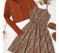 Ensemble 2 pièces pour adolescentes : cardigan en tricot côtelé marron & robe nuisette noire à fleurs discrètes avec taille cintrée, tenue vintage de vacances d'automne pour l'école, Noël 14Y,13Y,16Y,