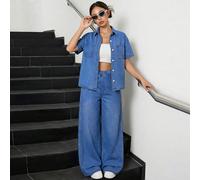 Ensemble 2 pièces pour adolescentes, chemise en denim bleu clair à manches courtes ample et jean ample confortable, style streetwear Y2K vintage cool, design polyvalent mix and match, vêtements pour e