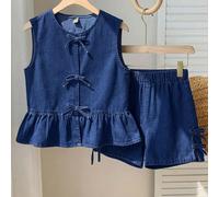 Ensemble 2 pièces pour adolescentes en été, top sans manches tissé unicolore lavé avec ourlet à volants et nœud devant, short en denim à taille élastique, convient pour le printemps et l'été, style bo