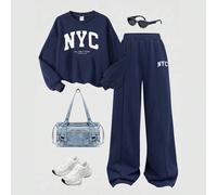 Ensemble 2 pièces pour adolescentes, Sweat-shirt tricoté bleu marine à col ras-du-cou, manches longues, coupe ample, imprimé slogan lettres New York City, pantalon large décontracté, tenue d'intérieur