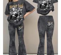 Ensemble 2 pièces pour adolescentes, t-shirt à manches courtes col rond ample et pantalon évasé, tie-dye gris foncé, portrait de fille de dessin animé personnalisé style K-POP avec lettres dorées, ada