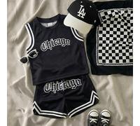 Ensemble 2 pièces pour bébé et tout-petit garçon, maillot de basket-ball en maille noire d'été, débardeur graphique décontracté style street life et short, tenue de mode de rue pour la plage 6-9M,9-12