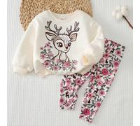 Ensemble 2 pièces pour bébé fille avec Sweat-shirt-shirt pullover à col rond doux en tricot, manches longues à volants, motif animal de dessin animé floral cerf, pantalon long ajusté à taille élastiqu