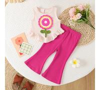 Ensemble 2 pièces pour bébé fille d'été : Top en tissu gaufré sans manches avec décoration florale au crochet fait main et pantalon côtelé évasé, tenue d'été adorable et douce 6-9M,9-12M,12-18M,18-24M