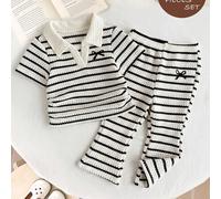 Ensemble 2 pièces pour bébé fille : Polo rayé + Pantalon évasé, tenue décontractée avec imprimé nœud 6-9M,9-12M,12-18M,18-24M,2-3YRayéPolyester