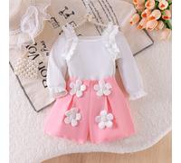 Ensemble 2 pièces pour bébé fille printemps/automne, Top à manches longues côtelé avec volants et fleurs 3D + short rose avec fleurs 3D et perles, design col carré et manches à volants, décoration fle