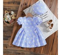 Ensemble 2 pièces pour bébé fille, robe bleue à imprimé marguerites et béret assorti, motif écossais classique et silhouette à la mode, idéal pour le quotidien, la maison et les sorties. 6-9M,9-12M,12