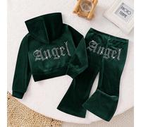 Ensemble 2 pièces pour bébé fille, sweat à capuche en velours vert foncé & pantalon évasé d'hiver, ensemble de jogging à motif lettres, tenue automne décontractée mignonne et à la mode style Y2K 6-9M,