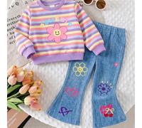 Ensemble 2 pièces pour bébé fille, sweat-shirt pullover col ras-du-cou décontracté mode simple doux mignon à rayures colorées et imprimé floral dessin animé, et legging long évasé imprimé 3D, convient