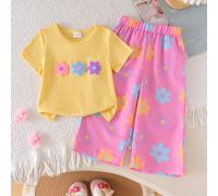 Ensemble 2 pièces pour bébé fille, t-shirt ample à manches courtes col rond avec fleurs brodées 3D mignonnes et sucrées + pantalon long droit à taille élastique avec imprimé motif coloré, été 6-9M,9-1