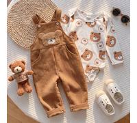 Ensemble 2 pièces pour bébé garçon 0-12 mois, body à manches longues avec imprimé intégral d'ours de dessin animé et pantalon salopette en velours côtelé avec patchwork d'ours, vêtements doux et migno