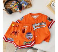Ensemble 2 pièces pour bébé garçon unisexe orange, été, style décontracté street life, mode urbaine graphique, cardigan à col rond manches courtes avec lettres contrastées et short de plage 6-9M,9-12M