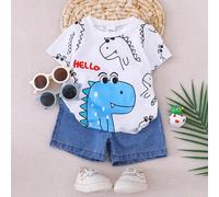 Ensemble 2 pièces pour bébé garçons printemps/été - T-shirt à col rond à manches courtes imprimé dinosaure coloré et décontracté BONJOUR, assorti à des shorts en jean classiques. Conçu dans un tissu d