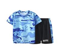 Ensemble 2 pièces pour enfant fille et garçon - Sweatshirt - Imprimé camouflage - T-shirt à manches courtes - Haut + short - Pantalon court - Survêtement de sport décontracté, bleu clair, 100 cm