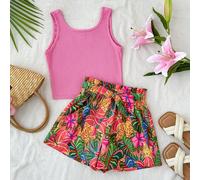 Ensemble 2 pièces pour enfants/préadolescentes, débardeur noir et short imprimé floral coloré. Tenue décontractée polyvalente pour le port quotidien 8Y,9Y,10Y,11Y,12Ygraphique,Tropical,PlantesÉtoffe