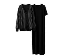 Ensemble 2 pièces pour femme avec col en V et cardigan à simple boutonnage, Noir , M