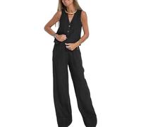 Ensemble 2 pièces pour femme avec col en V, gilet sans manches, pantalon à jambes larges, blazer d'été assorti en lin, Noir , S
