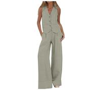 Ensemble 2 pièces pour femme avec haut et blazer décontracté à col en V boutonné sans manches - Coupe ample - Pantalon droit à jambe large avec poche, Vert-a, S