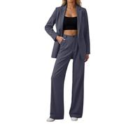 Ensemble 2 pièces pour femme élégante grande taille avec veste à manches longues avec rabats et pantalon taille haute pour automne et hiver, gris, M