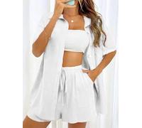 Ensemble 2 pièces pour femme en lin mélangé avec chemise boutonnée et short - Coupe ample - Tenue assortie pour un usage quotidien