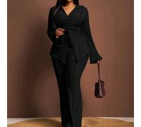 Ensemble 2 pièces pour femme grande taille printemps/été, style décontracté/vacances tropicales/road trip/city break, cardigan à col revers, nœud devant et manches évasées, assorti à un pantalon à tai