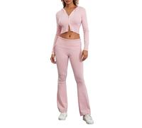 Ensemble 2 pièces pour femme - Manches longues - Fermeture éclair - Sweat à capuche court et pantalon bootcut - Mode streetwear, rose, S