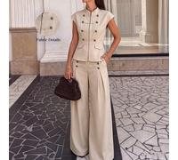 Ensemble 2 pièces pour femme printemps/été, top à manches courtes avec col montant style Napoléon, double boutonnage et taille cintrée, assorti à un pantalon large à double boutonnage décoratif, adapt