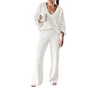 Ensemble 2 pièces pour femme, pull à manches longues en tricot torsadé et pantalon à jambes larges, survêtement assorti, blanc, M