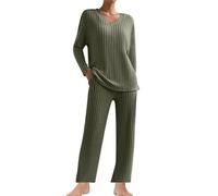 Ensemble 2 Pièces pour Femme Tenue Interieur Survêtement de Détente Automne et Hiver Décontracté Ensemble de Pyjama Col en V Côtelé Manches Longues et Pantalon à Jambes Larges avec Poches Sportwear