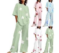 Ensemble 2 Pièces pour Femmes, Col Rond, Ample, Manches Courtes, Imprimé, Chemise Haute avec Pantalon, Grande Taille, été Lingerie sans Entrave pour Femmes Coquine (JN, XXXL)