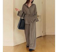 Ensemble 2 pièces pour femmes : Débardeur ample décontracté chic mode de rue élégant marron design Nouvel An Noël ajouré découpe nœud torsadé, long cardigan, pantalon décontracté à jambes droites, pan