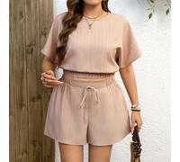 Ensemble 2 pièces pour femmes grandes tailles, chemise à manches chauve-souris et short unicolore. Ensemble deux pièces pour femmes. Tenue pour vacances et concerts 0XL,1XL,2XL,3XL,4XLUnicoloreTissu t