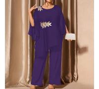Ensemble 2 pièces pour femmes grandes tailles, tenue formelle d'été élégante de style campagnard violet foncé, chemisier à ourlet asymétrique avec garniture florale et pantalon ample pour mariage Al-A