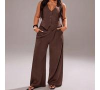 Ensemble 2 pièces pour femmes grandes tailles: Top de veste à taille cintrée col V vintage romantique style "Old Money" + Pantalon large taille haute élastique avec poches biais. Convient pour les sor