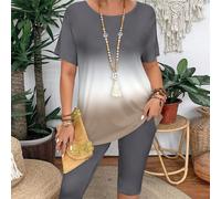 Ensemble 2 pièces pour femmes plus size, composé d'un t-shirt à manches courtes col rond dégradé de couleur et d'un legging, décontracté, pour l'été 0XL,1XL,2XL,3XL,4XLBlocs de couleur,Ombré,Unicolore