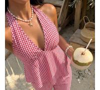 Ensemble 2 pièces pour femmes printemps/été à carreaux rouge & blanc, débardeur à col licou V profond avec nœud dans le dos, dos ouvert et volants avec poches & pantalon droit, vacances plage trajet v