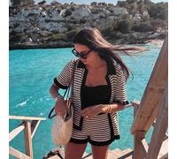 Ensemble 2 pièces pour femmes Senya : Cache-maillot ample à rayures col V manches courtes en crochet et short rayé noir, blanc printemps/été L,M,S,XL,XSRayéTricots